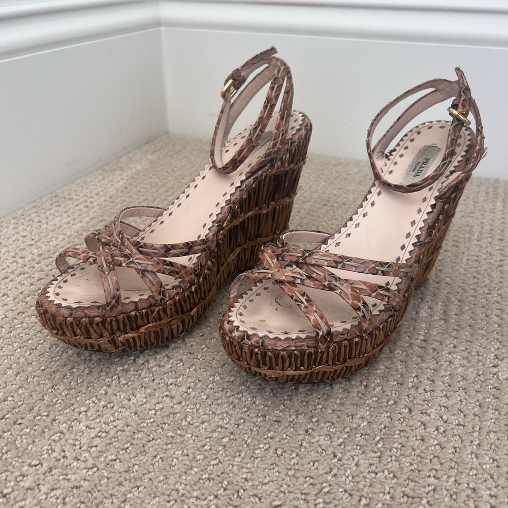 Prada Brown Raffia and Watersnake leather platform Wedges